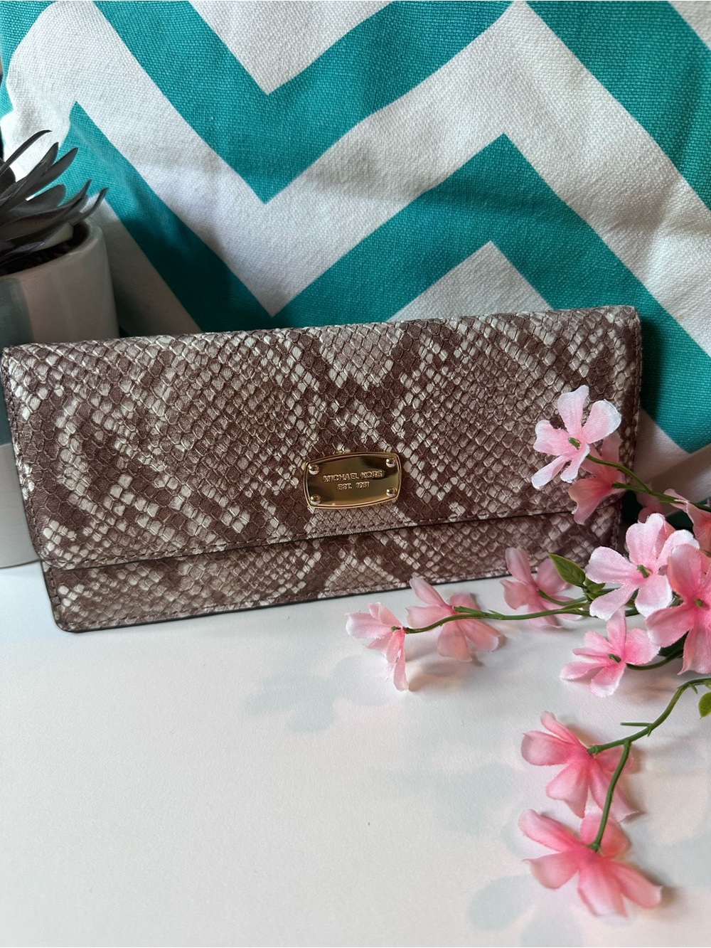 Michael Kors Brown Taupe Snake-Print Continental Wallet with Gold Logo Plaque
